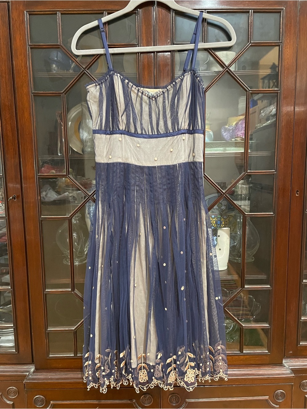 EUC Odille Navy Tulle and Cream Embroidered Mesh Midi Dress
